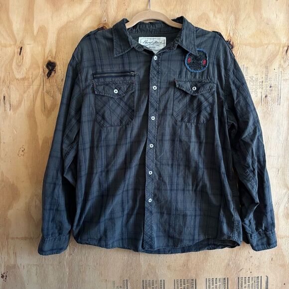 Point Zero Olive Embellished Plaid 100% Cotton Button Up Shirt Sz L - Picture 1 of 5